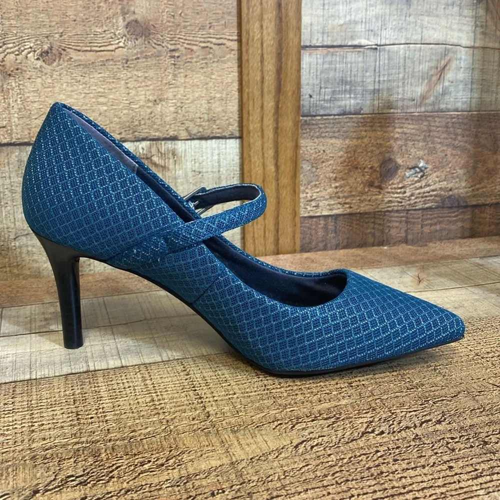 Betabrand Mile Marker Mary Jane Pumps‎ Heels Womens 7.5 Blue Pointed Toe Office